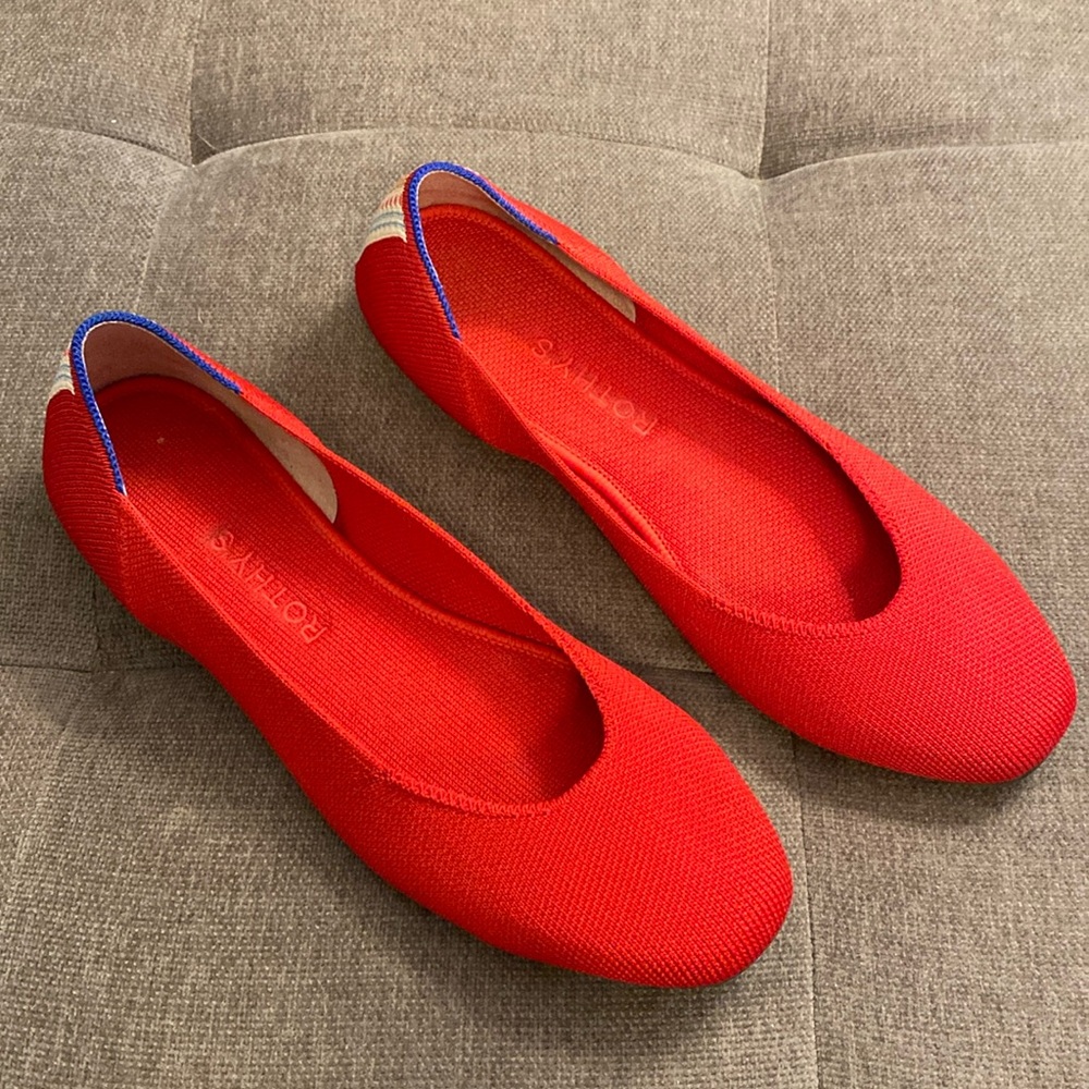 Rothy’s red square toe flat, size 8.5